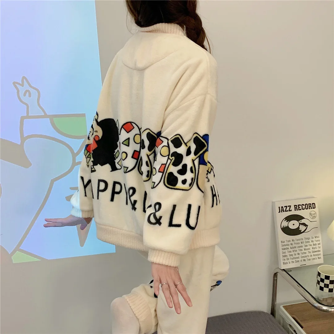 2pcs Women Sweet Cartoon Flannel Cardigan Pajamas Set Winter Warm Nightwear Female Sleepwear Suit Fleece Fashion Loungewear