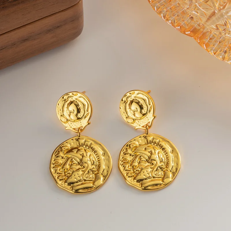 

Minar Dainty Head Portrait Round Coin Medallion Dangle Earrings for Women Ladies 18K Real Gold Plated Brass Long Pendant Earring