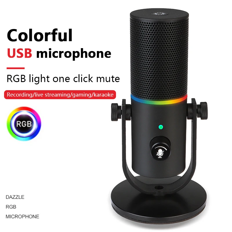 

Конденсаторный USB-микрофон RGB для компьютера, ноутбука, записи, онлайн-класса, пения, игр, караоке, прямой трансляции, кардиоидный микрофон