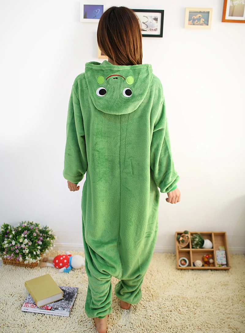 Adults Kigurumi Onesie Women Flannel Sleepwear Unisex Green Frog Cartoon Animal Pajamas Sets Winter Warm Flannel Hooded Pyjamas