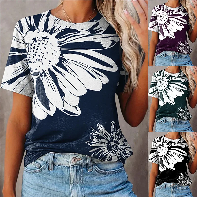 

2023 Summer Women's Casual Huamang Printed Short-Sleeved Round-Neck T-Shirt Woman Fashion Versatile Top Female & Lady Summer Tee