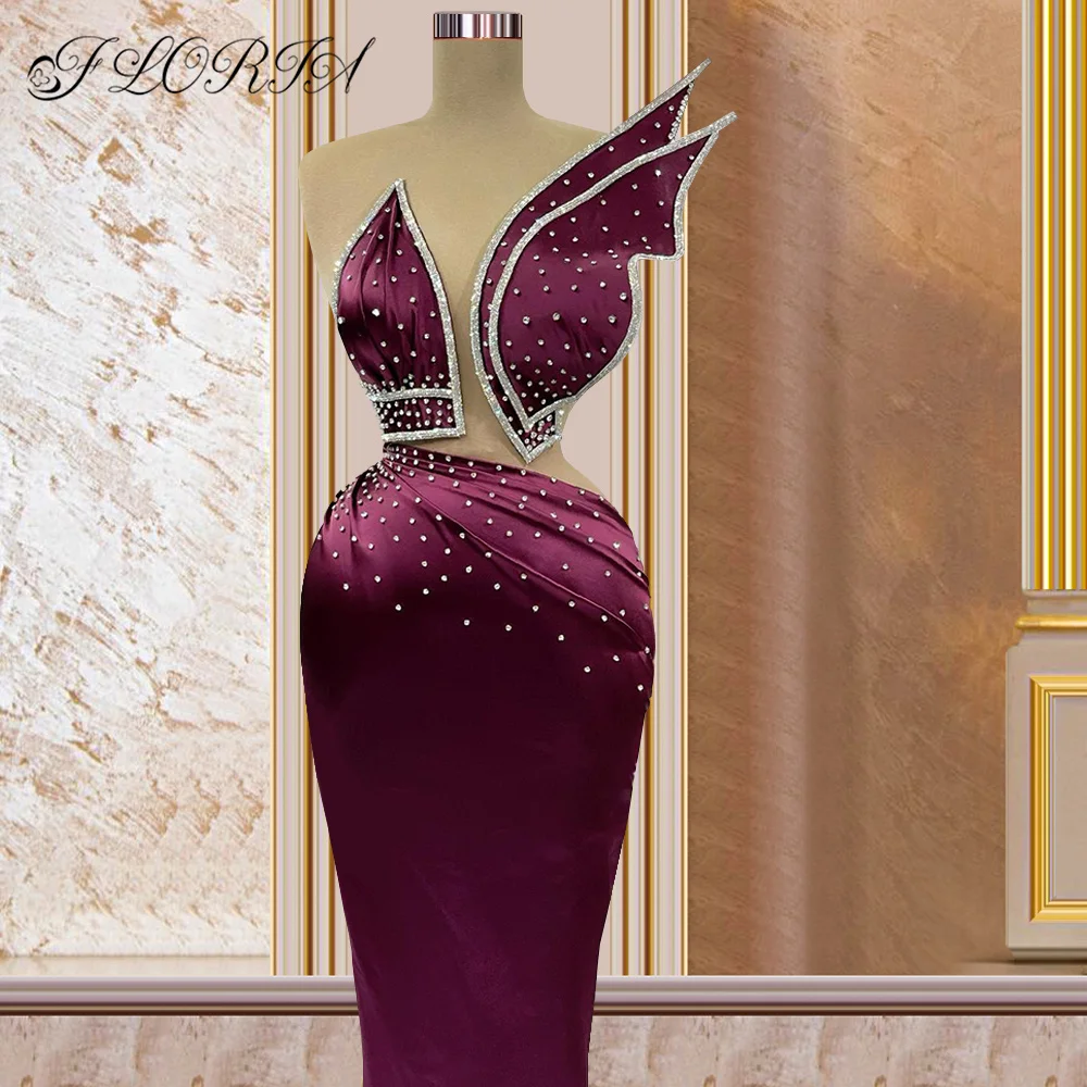 

Sexy Burgundy Mermaid Floor Length Prom Dresses 2022 Crystal Sleeveless Ruched Satin Cocktail Dress Wedding Party Custom Made