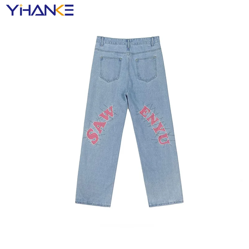 High Street Print Black Jeans Men's Y2K Straight-leg Pants Loose Wide-leg Jeans Hip-hop Style Men's Trousers джинсы для мужчин
