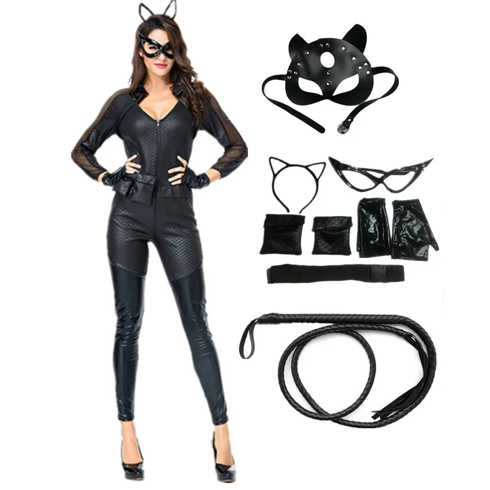 

Halloween Costume for Women Sexy Cat Mask Suit Stretch Erotic Jumpsuit with Whip Bodysuit Cosplay Costume