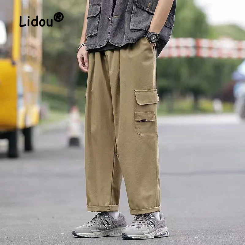 

Брюки-карго мужские однотонные с несколькими карманами, модные классические свободные прямые повседневные штаны-цилиндры, красивые брюки в винтажном стиле
