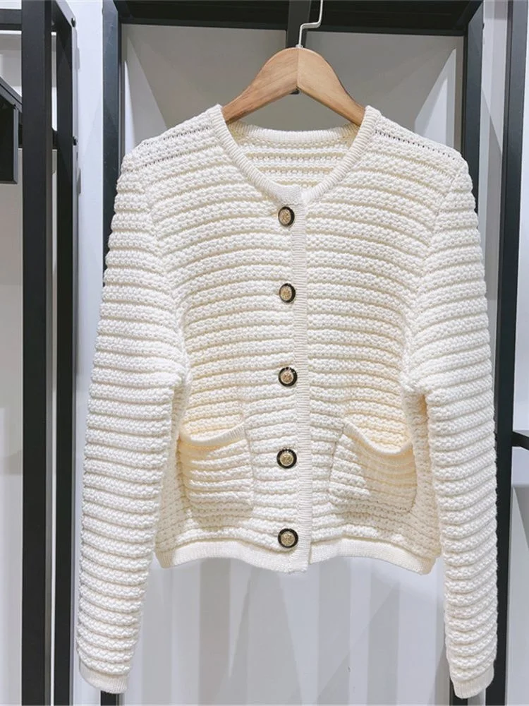 

Женский кардиган с карманами, элегантный короткий Трикотажный свитер с длинным рукавом и круглым вырезом, в стиле ретро, для ранней осени, 2023
