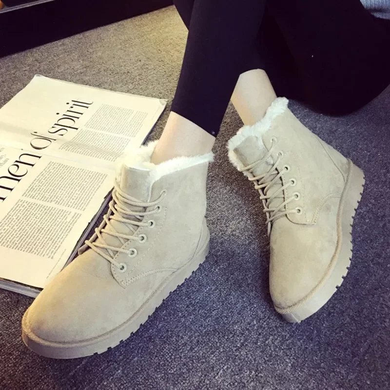 New2022 Women Winter Snow Boots Warm Flat  Platform Lace Up Ladies Women's Shoes New Flock Fur Suede Ankle Boots Female