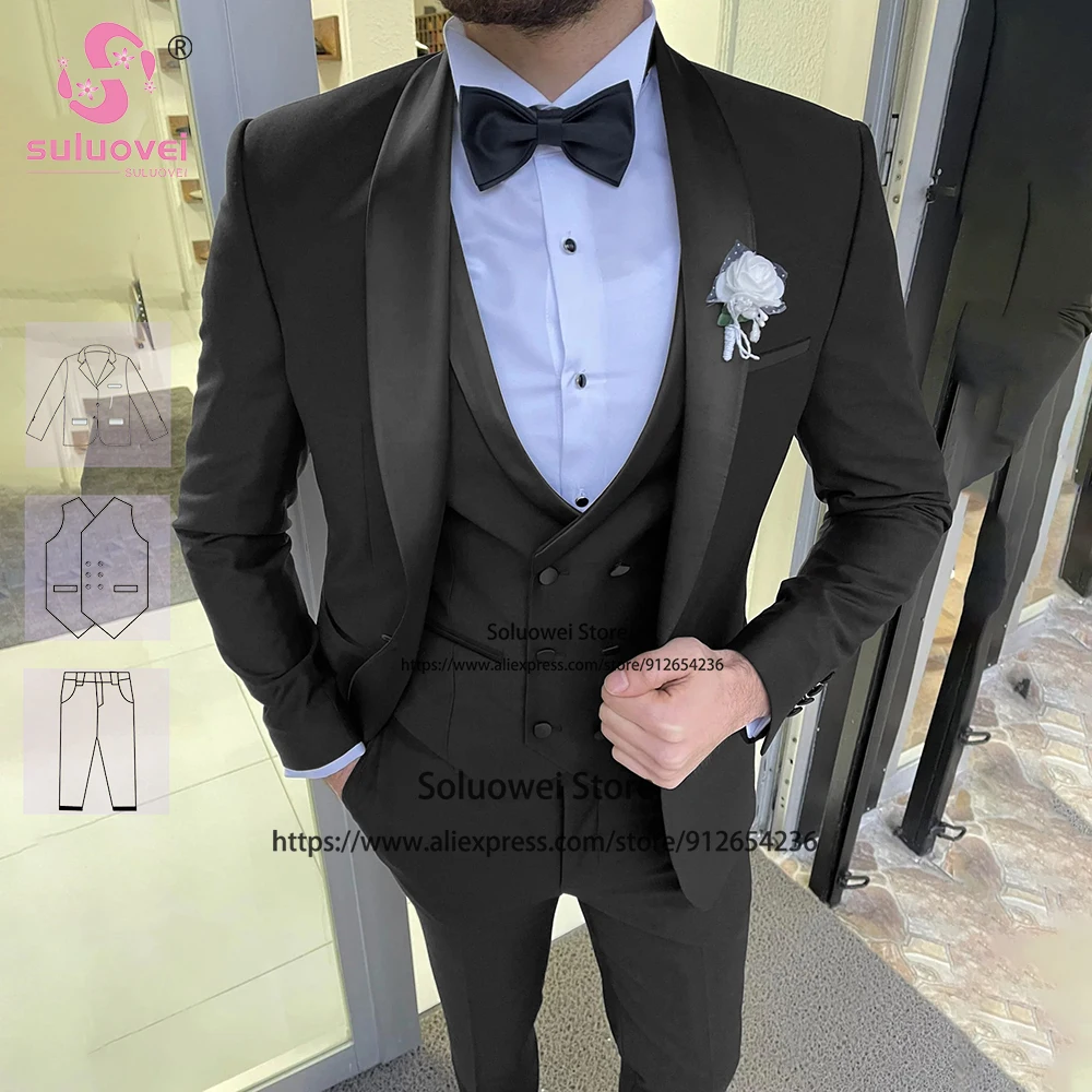 

(Customized Color Size) Fashion Shawl Lapel Suits For Men Slim Fit 3 PCS Pants Set Groom Wedding Tuxedo Terno Masculino Completo