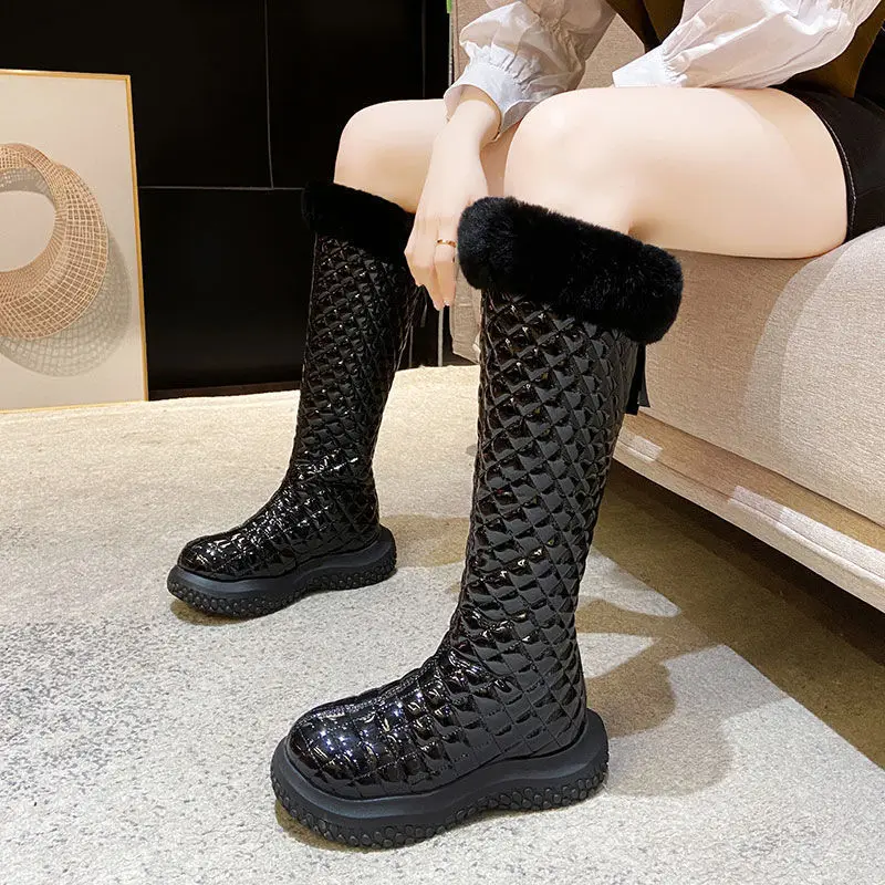 

Brand Winter Warm Snow Boots Women Fashion PU leather Fur Plush Shoes Flat Heels Knee High Boots Black White Ladies Shoes