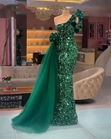 2022 elegant arabic dark green formal evening dresses glitter sequined one shoulder mermaid prom dress peplum floor length women