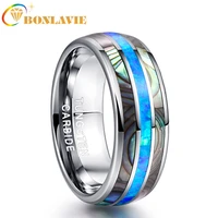 bonlavie 8mm tungsten carbide rings round dome shells rings for women men blue opal men ring anniversary party jewelry