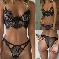 Women's Sexy Lace Underwear Set Erotic Ladies Lingerie See-through Bra Thong Mini Babydoll Briefs Underpants Black Bodysuit 2