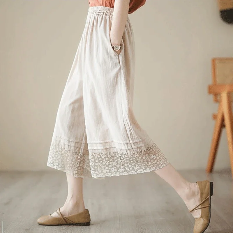 Женская одежда широкие брюки длиной до икры повседневные однотонные летние с