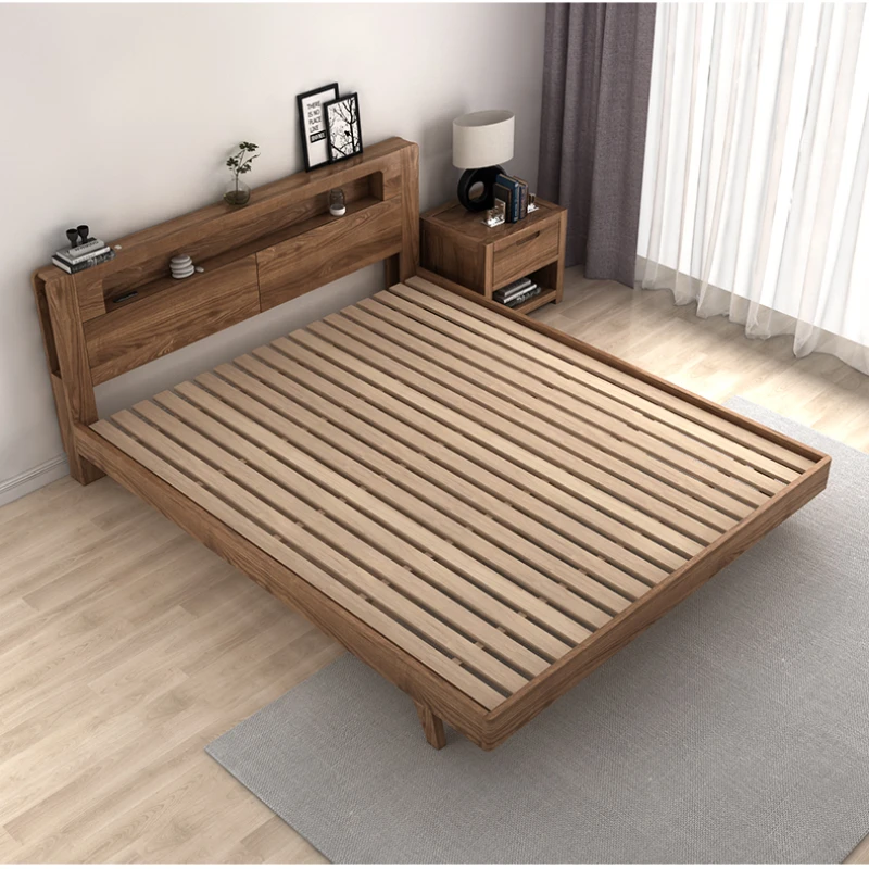 

High Quality High Box Storage Room Pure Solid Wood Bed Walnut Double Small Apartment Modern Simple 1.8m