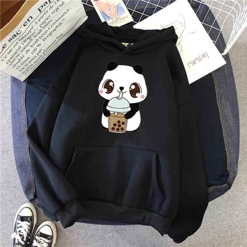 

Womens Man Loose Sweatshirts Women Hoody Little Panda Drinking Milk Tea Print Hoodie Streetwear Cute Winter Clothes