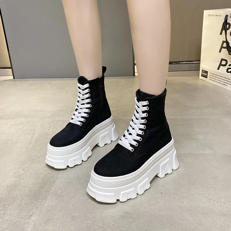 

USCF 2022 Platform Shoes Woman Pumps Round Toe Canvas Shoe Black Basic 9cm Heels Lace Up Women Shoes Basic Size