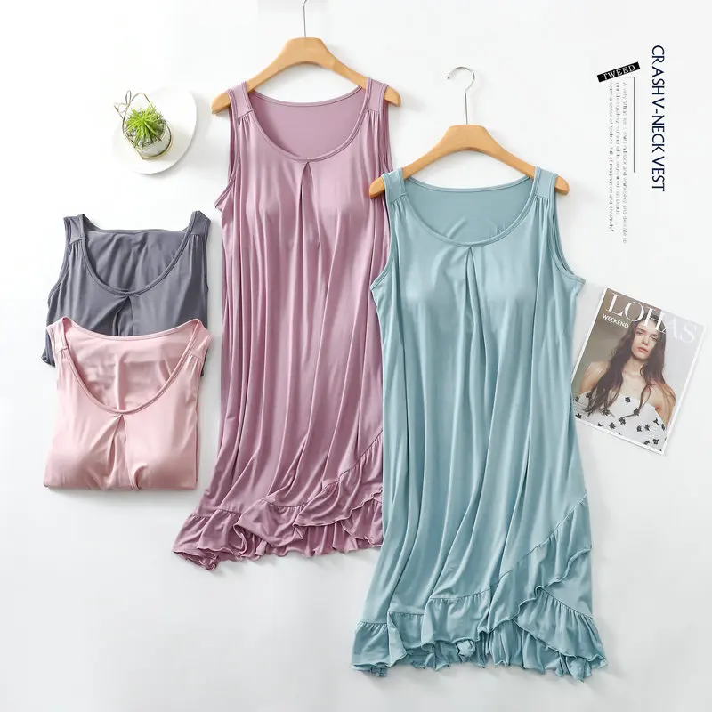 

Summer Sleepdress With Chest Pad Women Modal Nightgown Sleeveless Dressing Gown Casual Nightdress Lady Homewear Sexy Lingerie