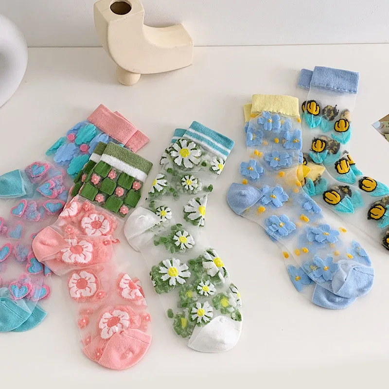 

Woman Socks Harajuku Embroidery Summer Kawaii Cute Transparent Lolita Mesh Socks Lace Flower Girls Thin Crew Socks