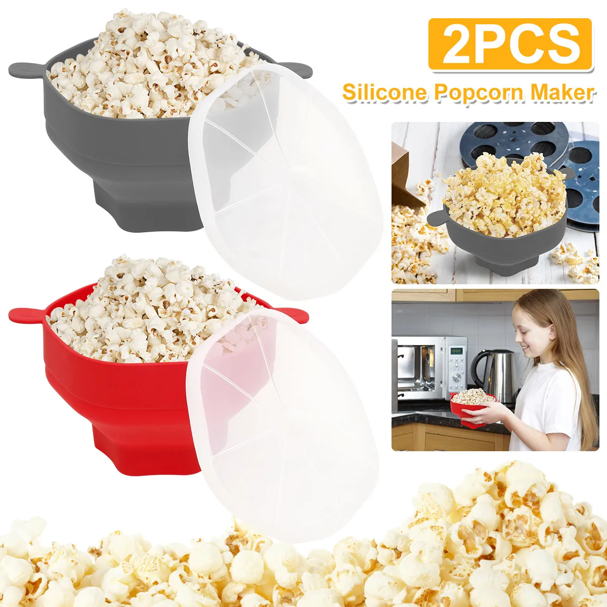 2Pcs Microwave Popcorn Maker Reusable Silicone Popcorn Poppe