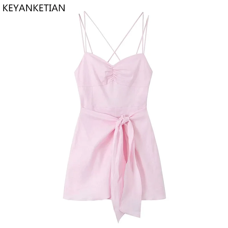 

KEYANKETIAN Summer's New Linen Blend Wrap Style Jumpsuit Women's Sweet Wind Slim Fit Suspender Mini Short Culottes Pink