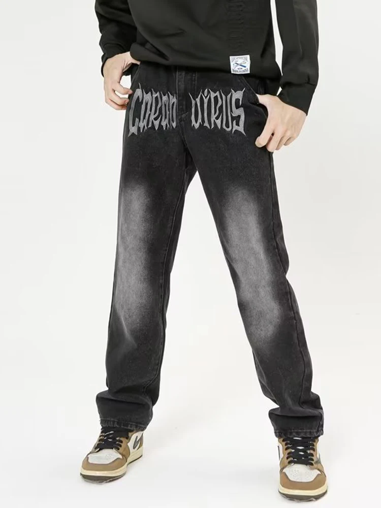Men Hip Hop Jeans Fashion Embroidery Black Loose Board Jeans Overall Male Rap Aesthetics Y2k Clothes Plus Size Streetwear JEANS