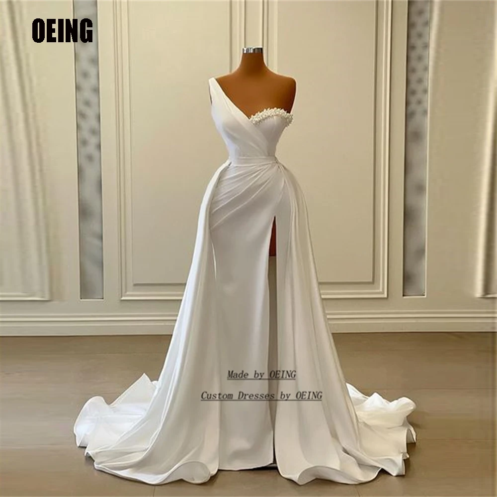 

OEING Simple Modest Satin Formal Princess Wedding Dresses Long One Shoulder Sweetheart Arabic Side Slit Bridal Gowns Bride Dress