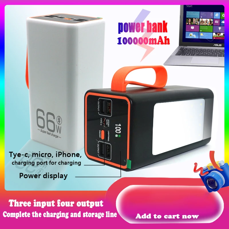

100000mAh Power Bank High Capacity 66W Fast Charger Powerbank for iPhone Laptop Batterie Externe LED Camping Light Flashlight