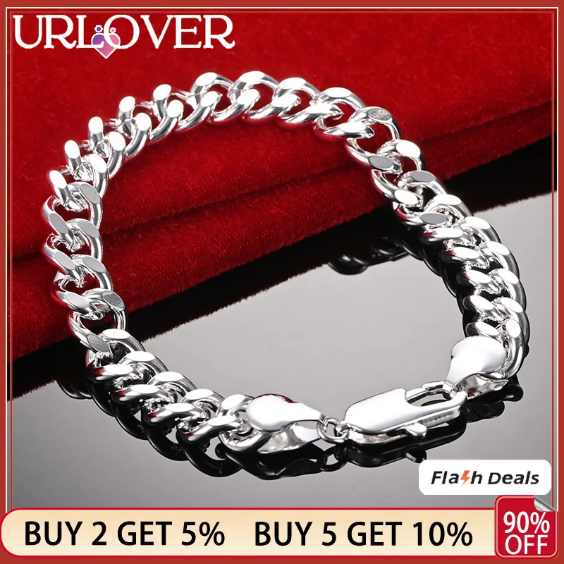 

URLOVER 925 Stamp Silver Color Popular 10mm Cuba Chain Man Bracelets For Woman Fashion Jewelry Noble Wedding Party Birthday Gift