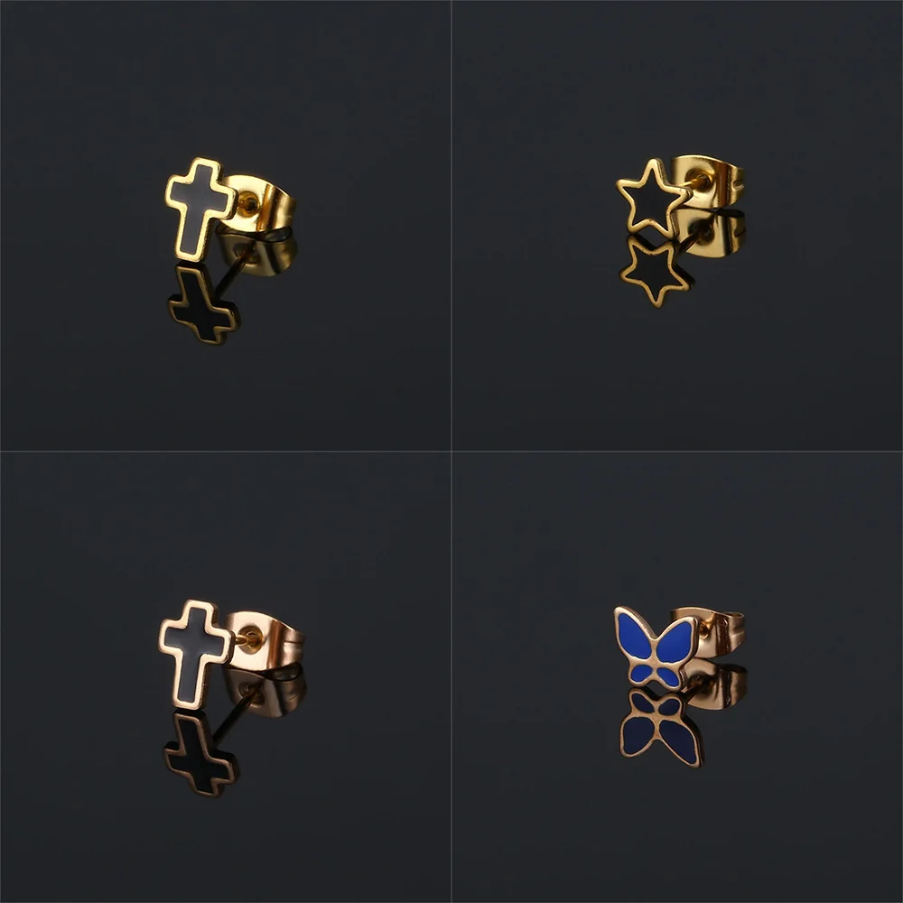 LUOLER 1Pair New Cross Star Butterfly Stainless Steel Earrings For Women Drops of Oil Piercing Ear Studs Earring Fashion Jewelry - купить по