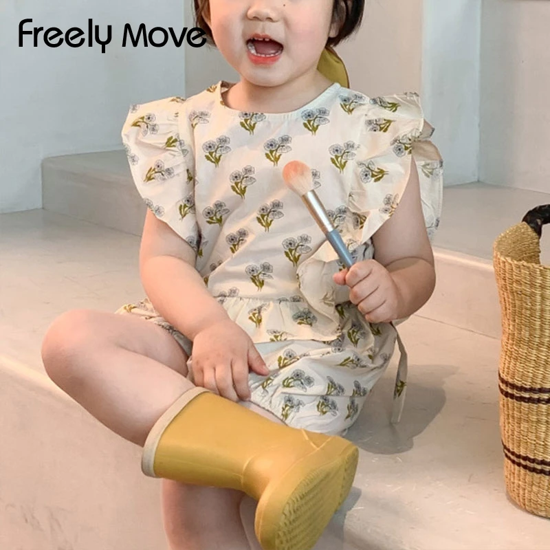 Freely Move Cute Girls Clothes Sets Floral 2Pcs Kids Ruffle Sleeveless Tank Top +Short Outfits for Girl Clothing Adorable Summer
