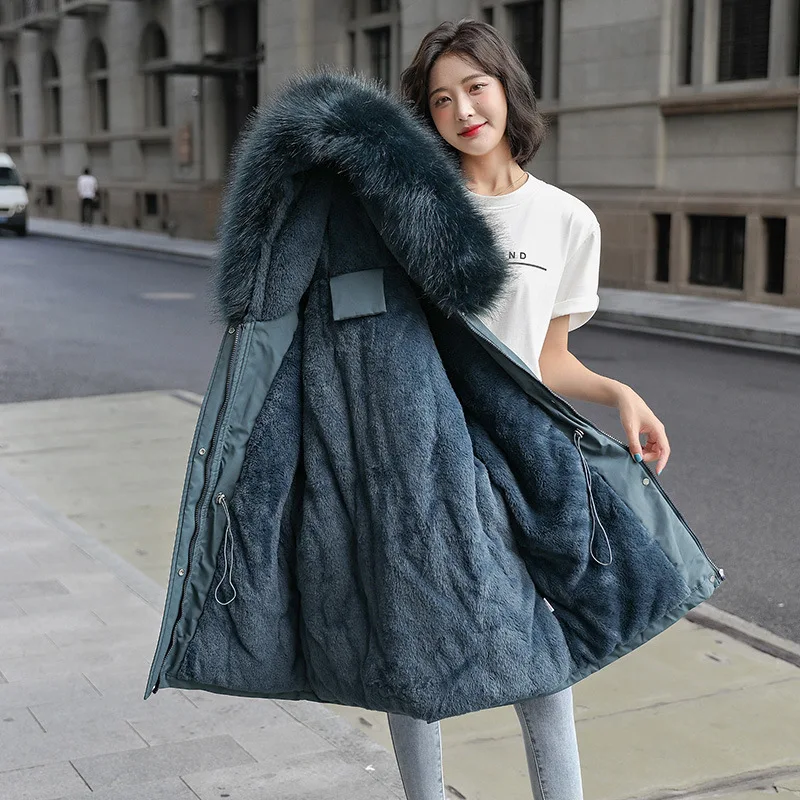 Winter New Women Parka Coats Fashion Design Slim Fit Warm Down Jacket Plus Fleece Collar Black Mid-length Coat Female Clothing