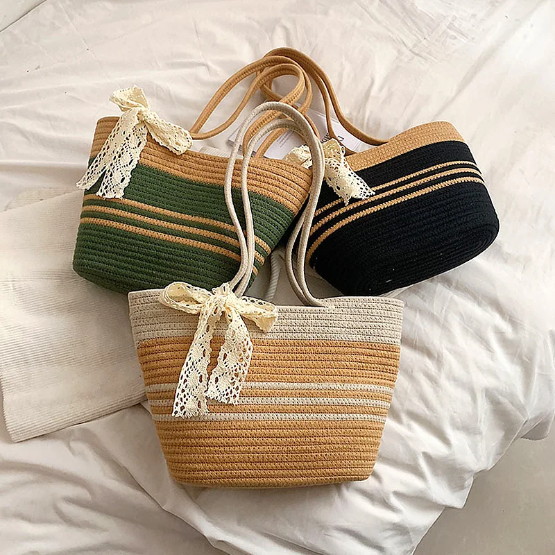 Straw Woven Tote Bags Summer Casual Large Capacity Handbags Fashion Beach Bucket Bags with Bowknot Shoulder Simple Shopping Bags