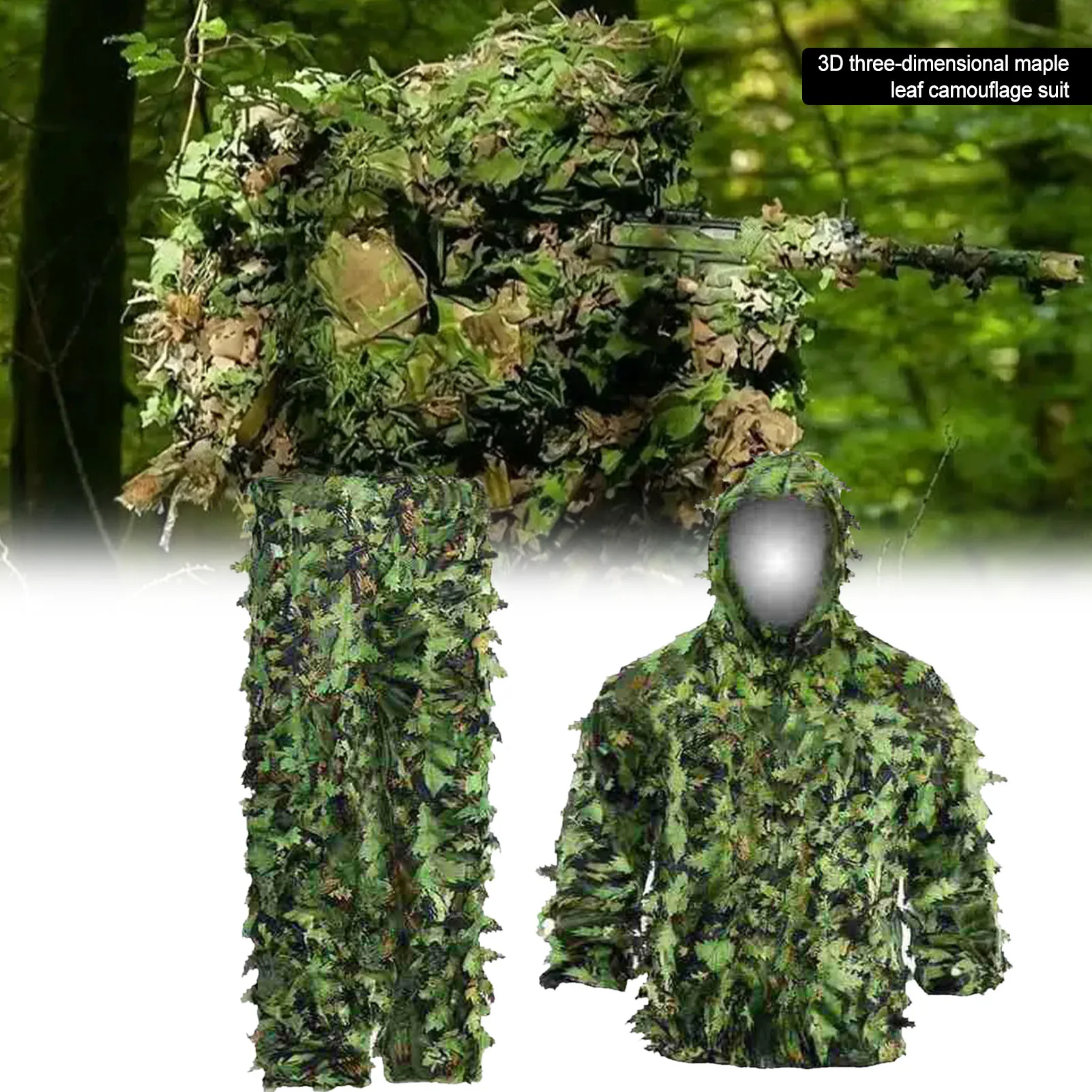 Unisex Durable Outdoor Woodland Sniper Ghillie Suit Kit Military 3D Leaf Hunting Camouflage Cloak Camo Jungle Birding