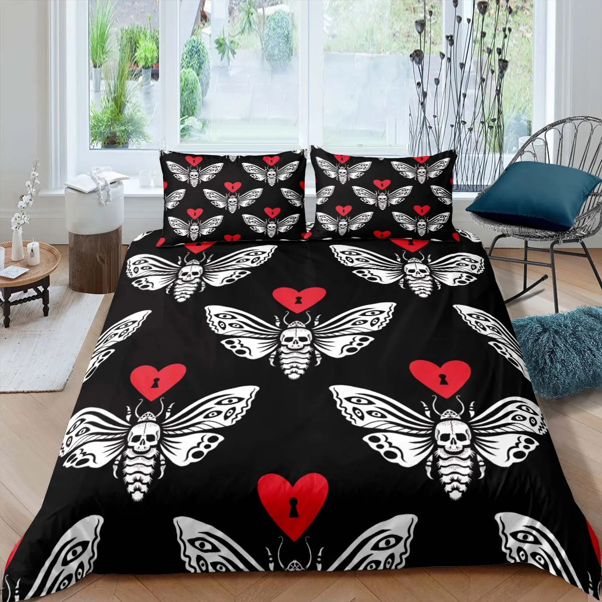 

Black Death Moth Bedding Set Gothic Skull Duvet Cover Set Butterfly Bedclothes 2/3pcs 180x210 Double Size Luxury Home Textiles