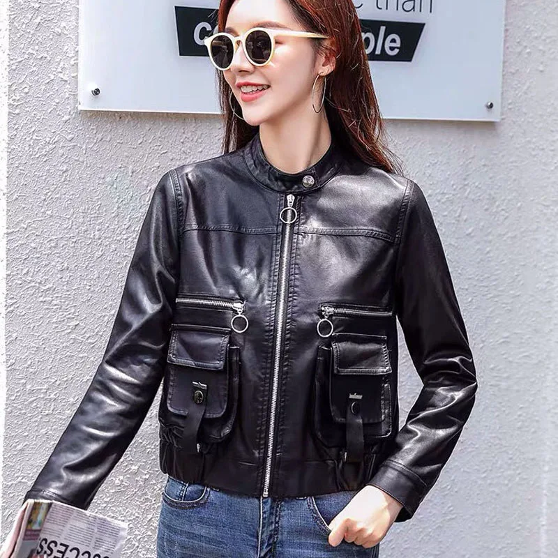 1pcs Women's PU Leather Short Jackets 2022 Autumn Fashion Faux Fur Zipper Small Pocket Splicing Ladies Skinny Locomotive Coats