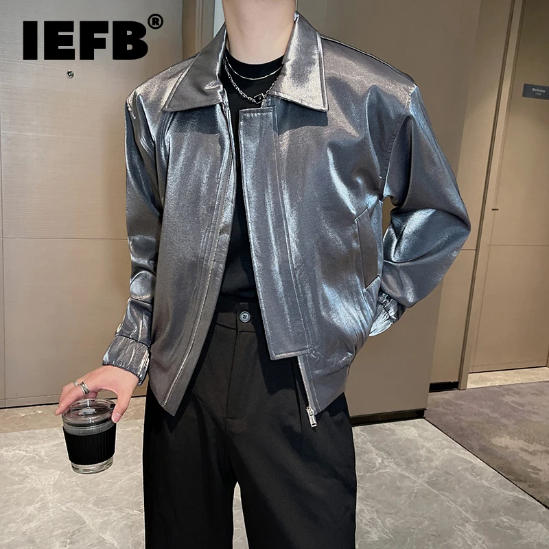 

IEFB Men's Niche Liquid Leather Jackets Highend Lapel Solid Color Pu Coat Casual Loose Fitting Short Outerwear Autumn New 9C2365
