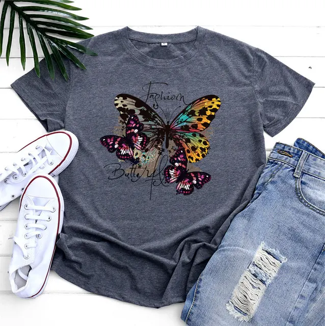 JFUNCY 2023 Fashion Women's T-shirts Cotton Tshirt with Short Sleeve Tops Butterfly Printed Graphic T Shirts Female Clothing 3