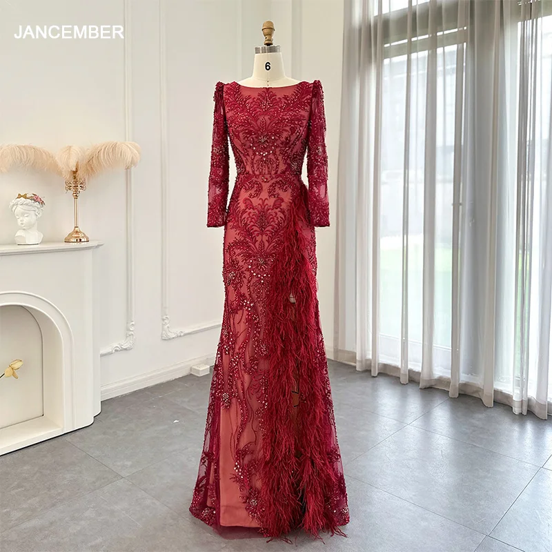 

SCZ135 Luxury Dubai Feathers Gray Lace Mermaid Evening Dress Burgundy Arabic Formal Dresses for Women Wedding Party