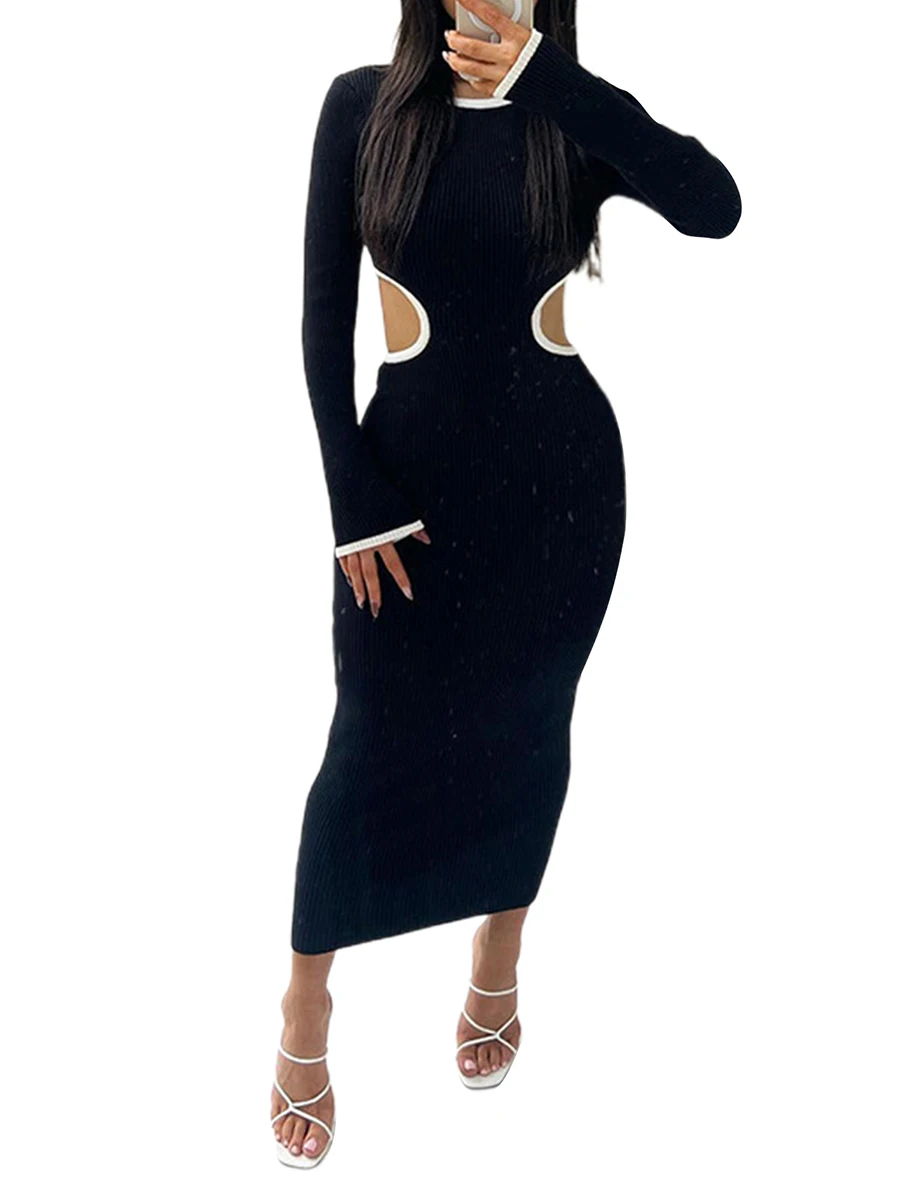 

Newest Arrival Women Bodycon Dress Round Neck Long Sleeve Contrast Color Waist Cutout Long Dresses
