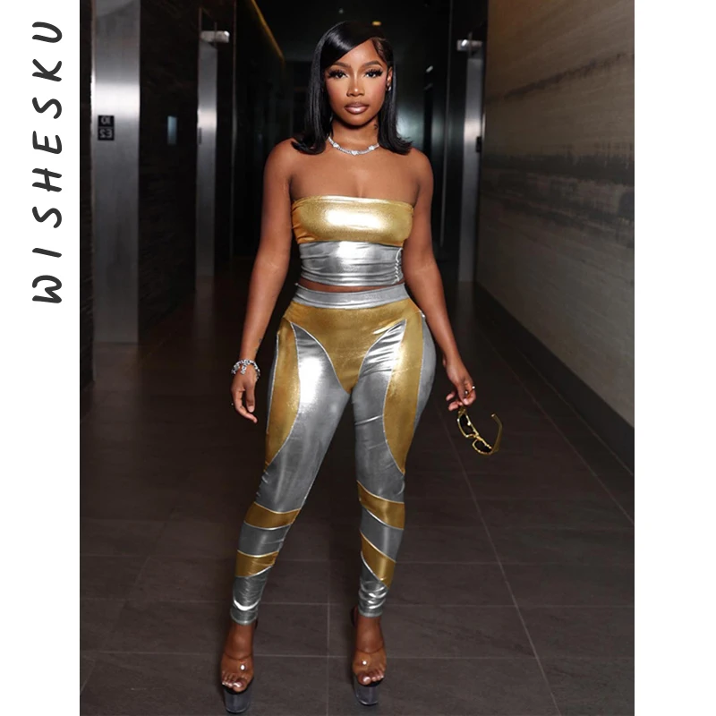 

Комплект из двух предметов, Женский костюм в стиле пэчворк цвета металлик, серебристый, золотой, пикантный корсет без бретелек, укороченный топ + брюки-карандаш с высокой талией, весна 2023