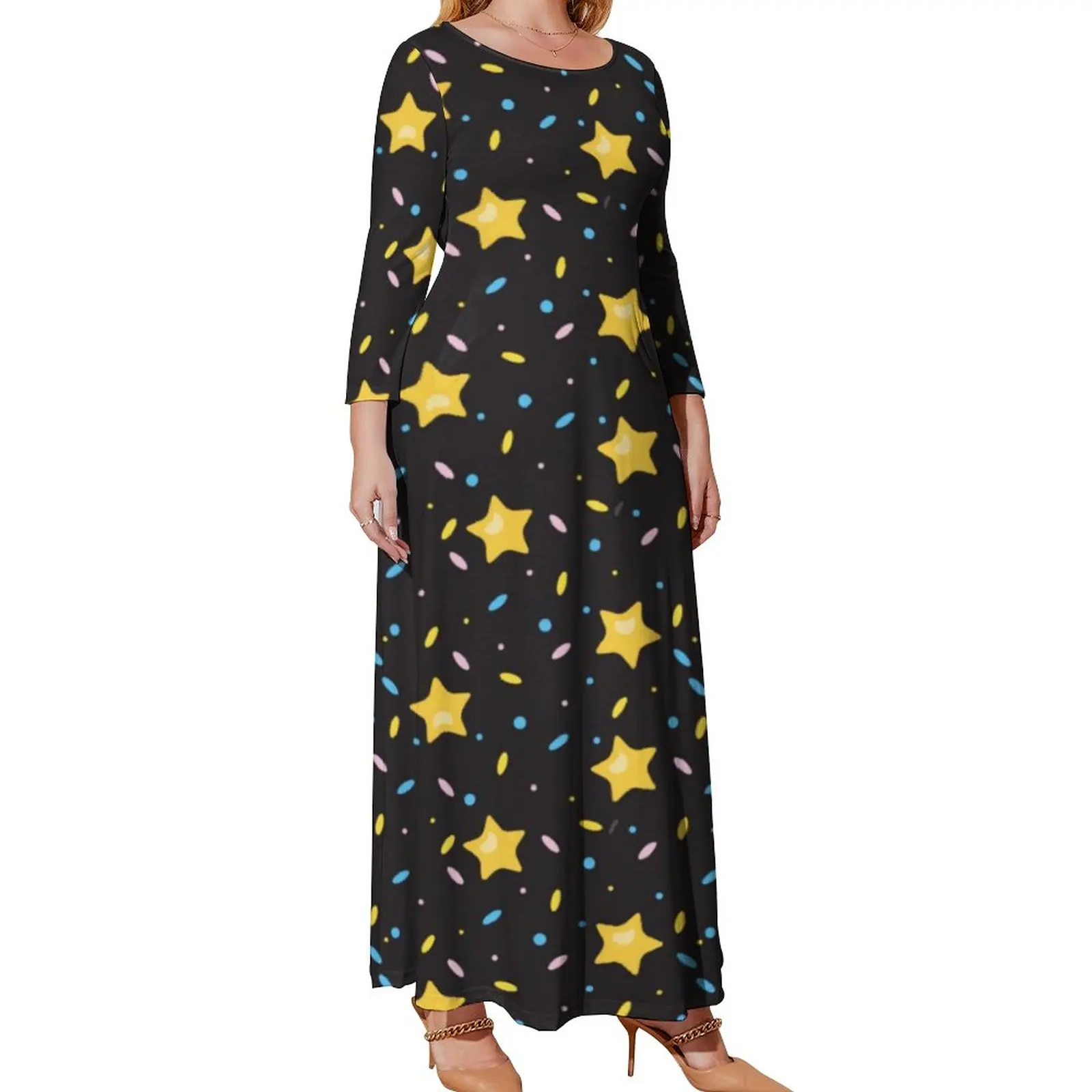 

Gold Stars Print Dress Long Sleeve Cute Star Trendy Maxi Dress Autumn Street Fashion Design Beach Long Dresses Plus Size 3XL 4XL
