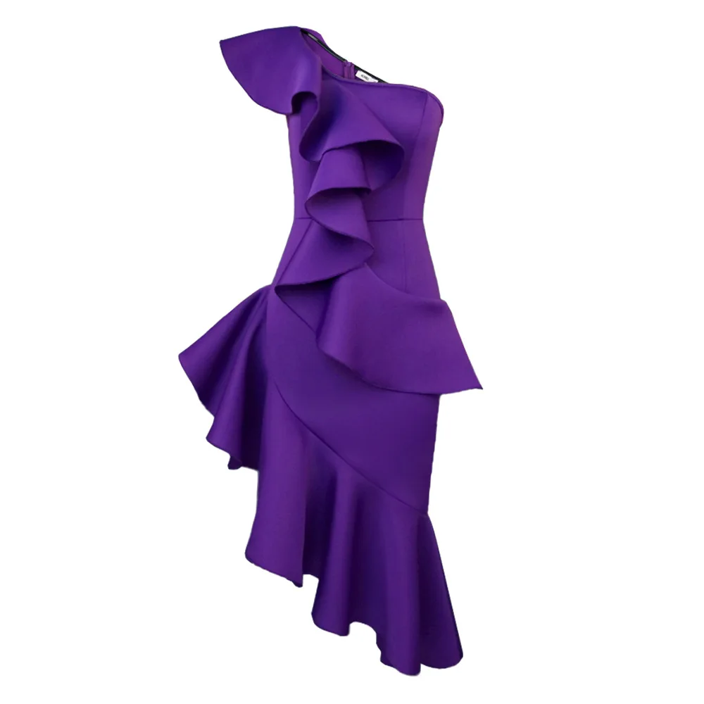 Plus Size Dresses One Shoulder Sloping Neck Dress with Sexy Ruffles Solid Party Dresses Evening Dresses Plus Size Women Clothing