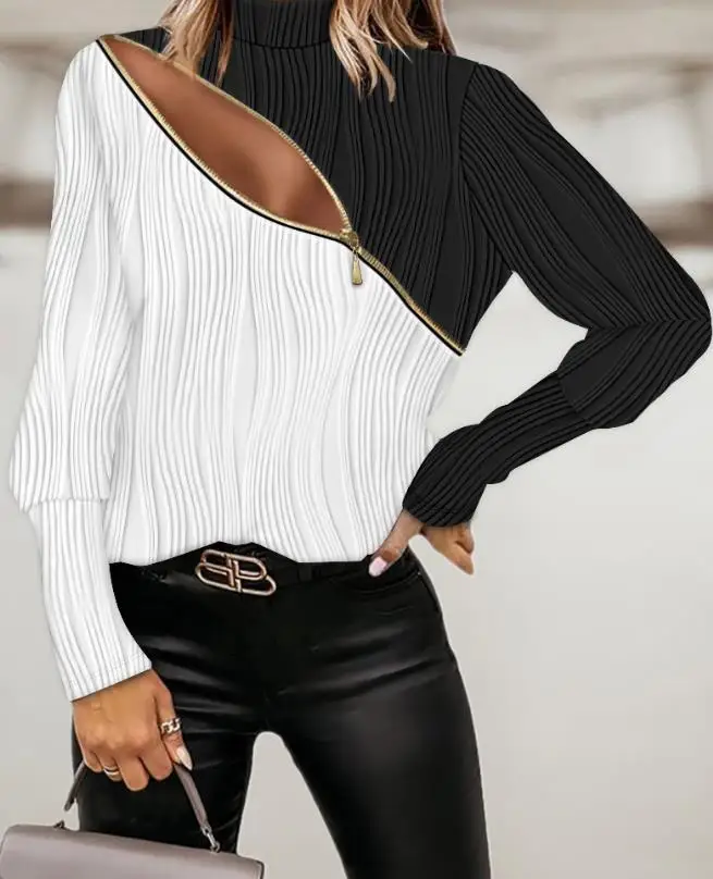 

Summer 2023 New Hot Selling Fashion Women's High Neck Long Sleeve Colorful Zipper Design Textured Top