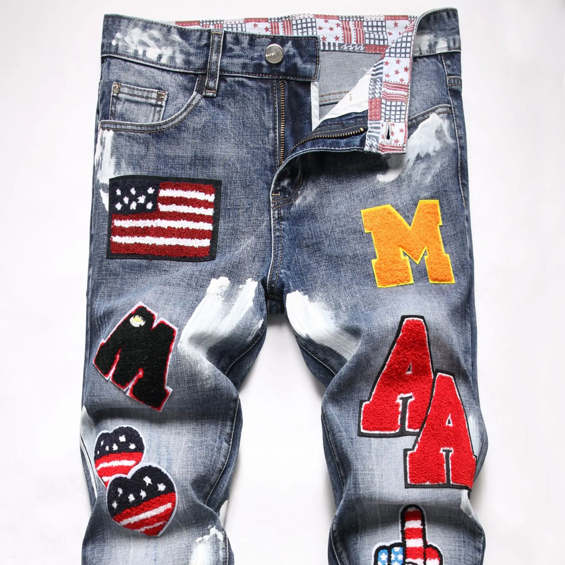 Men's Ripped Jeans Autumn Winter New Fashion Embroidery Straight Slim Trend Beggar Pants Biker Destroyed Denim Trousers