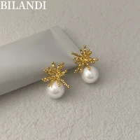bilandi retro jewelry white round pearl earrings hot sale pretty design geometric metal stud earrings for women female gifts