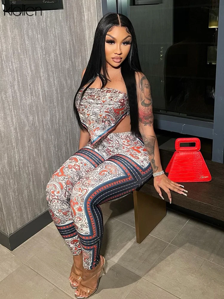 

KLALIEN модный Сексуальный Топ без бретелек и брюки комплект из двух предметов для женщин 2022 летняя новая Повседневная Уличная одежда Y2K женски...