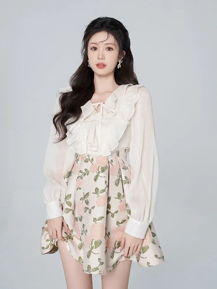 

Ruffled Edge High-waisted Jacquard Dress Spring Clothes New Apricot Long-sleeved Chiffon Short Skirt French Court Style Skirt