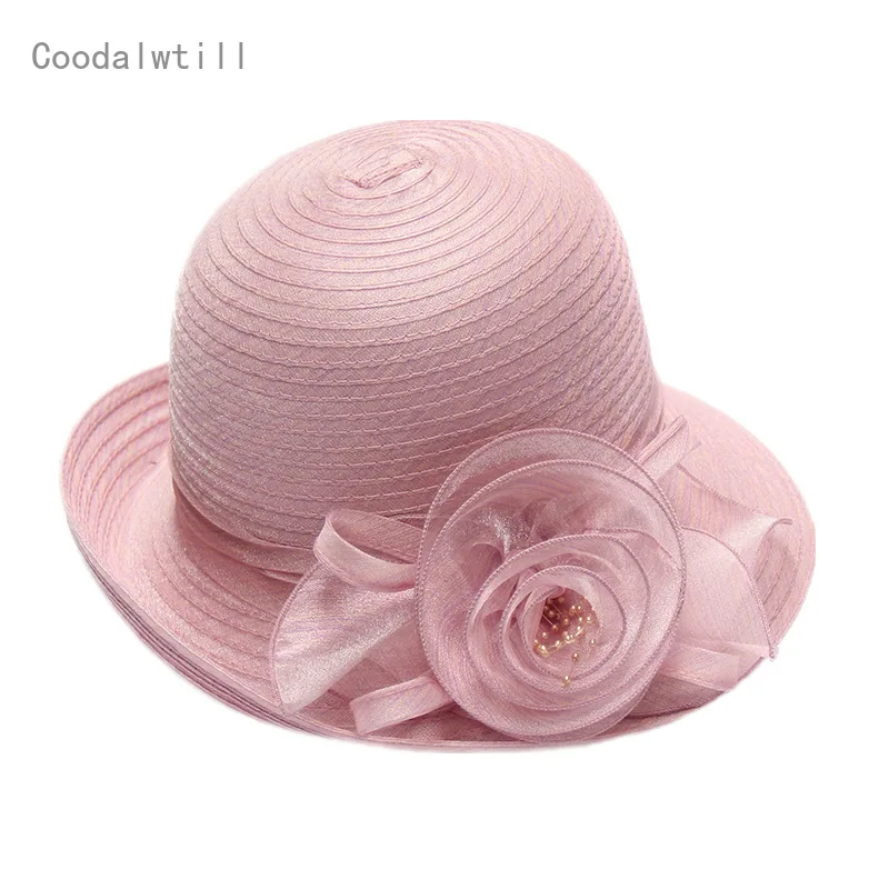 

Vintage Curl Fedora Cap With Flower Headpiece Women Beach Travel Party Chapeau Cap Outdoor Sun Hat Lady Wedding Fascinator Hats