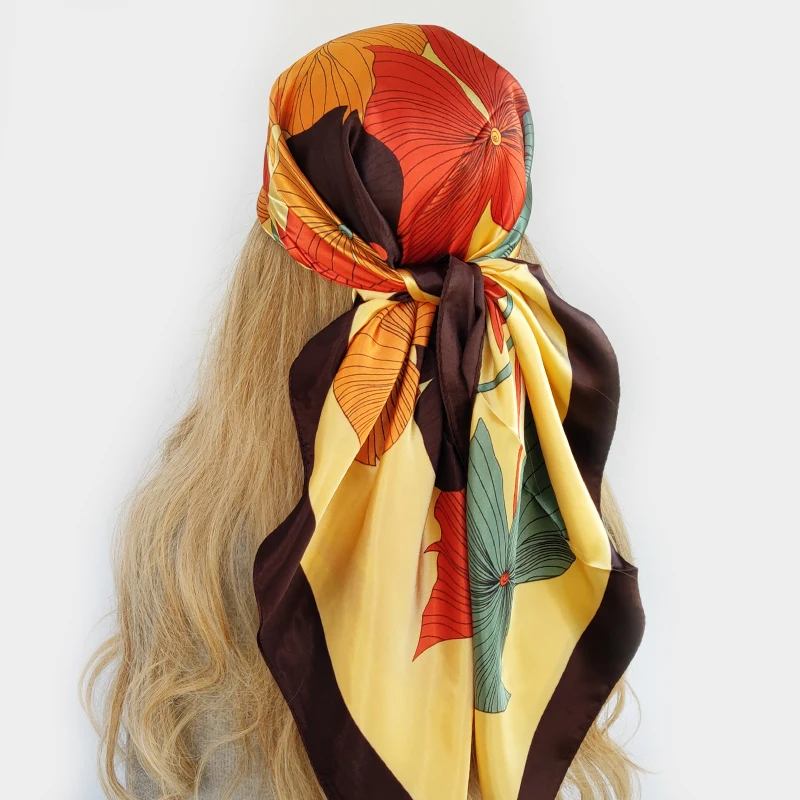 

90*90cm Hair Scarf Women Fashion Designer Beautiful Flowers Foulard Soft Satin Shawl Kerchief Square Silk Scarfs Neck Headscarf