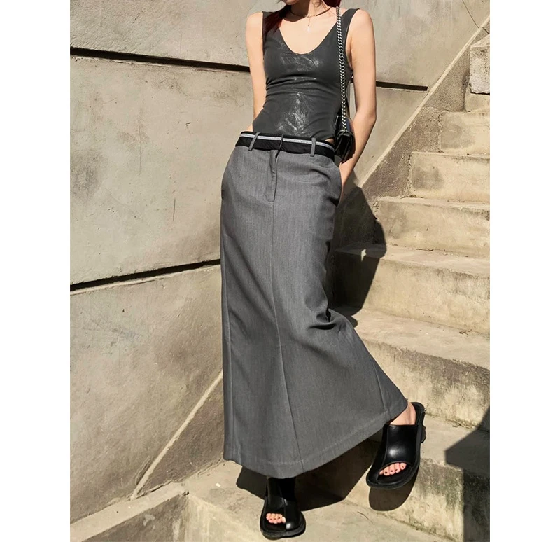 New Summer Fashion Vintage Maxi Elegant Grey High Waist Thin Cargo Loose Straight Slit Y2k Clothes Women's Suit Long Skirt